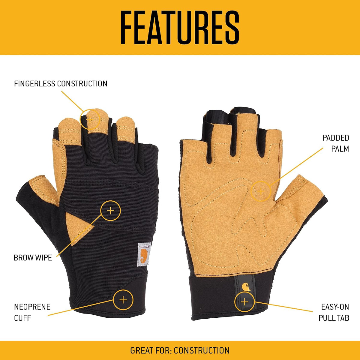 Carhartt Men's Padded Palm Fingerless Glove with Breathable Spandex and Synthetic Leather